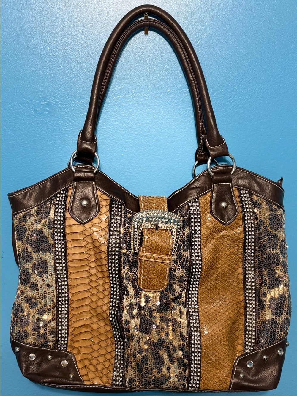 Y2KBrown Animal-Print Tote Bag with Sequins Snakeprint Colorblock & Rhinestones